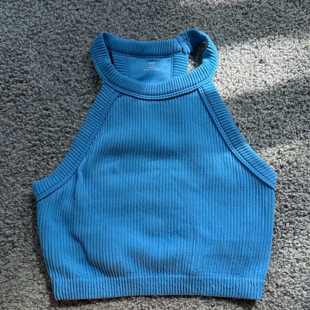 aerie Ribbed High-Neck Crop Top in Bright Blue